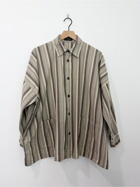 Eskandar Women's Oversized 3/4 Sleeve Button-Down Shirt Hi-Low Neutral Striped 0